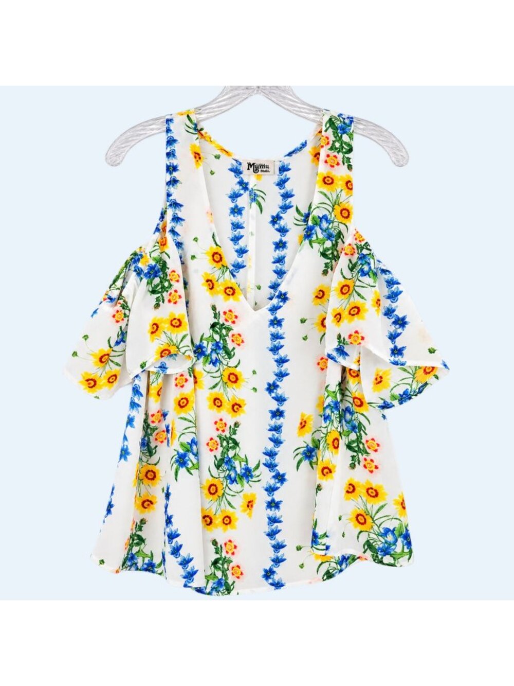 Show Me Your Mumu Womens S Blue Gold Peekaboo Sleeve Tunic Top V Neck Flowy
